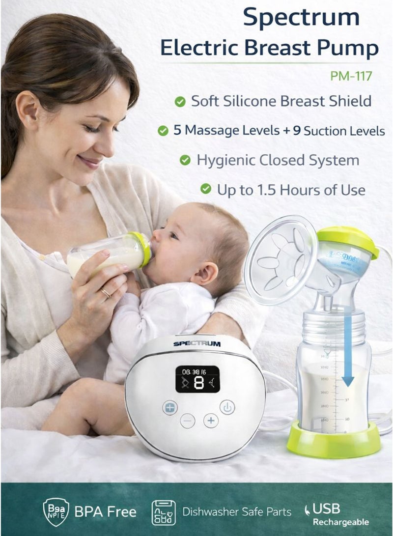 Spectrum Electric Breast Pump PM-117 USB Type-C Rechargeable Single Milk Pump for Nursing & Breastfeeding Moms 5 Massage Levels & 9 Suction Levels Soft Silicone Breast Shield Cushion Anti-Backflow Hygienic Closed System LCD Digital Display Touch Control Portable, Quiet, Lightweight BPA-Free PP Baby Bottle 180ml (6oz) with Stand Easy to Clean for Home, Travel, Working Mothers Pumping & Milk Storage - Image 5